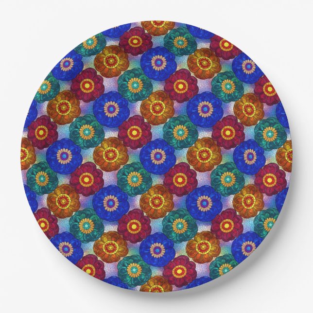 Stained Glass Abstract Red Green Blue Orange Paper Plates (Front)