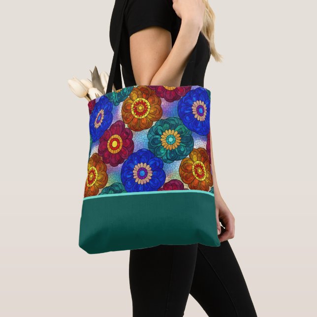 Stained Glass Abstract Red Green Blue Orange Tote Bag (Close Up)