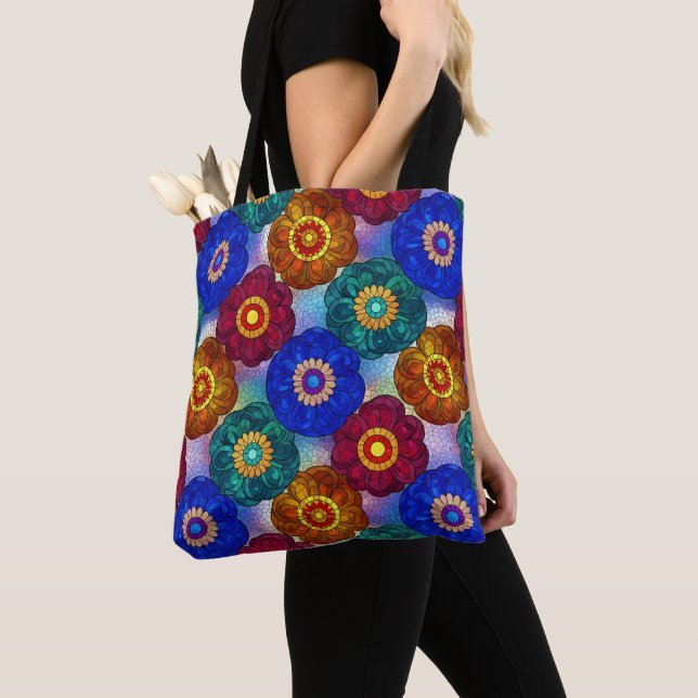 Stained Glass Abstract Red Green Blue Orange Tote Bag (Close Up)