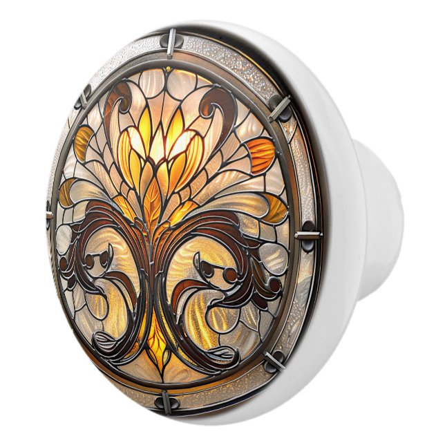 Stained Glass Amber White Brown Art Deco Ceramic Knob (Right)