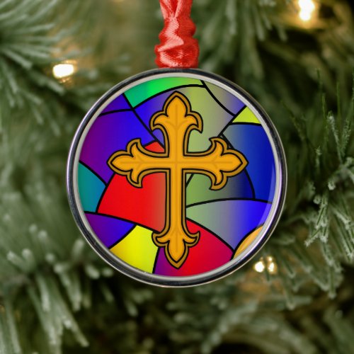 Stained Glass and Cross Christmas Metal Ornament