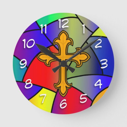 Stained Glass and Cross Christmas  Round Clock