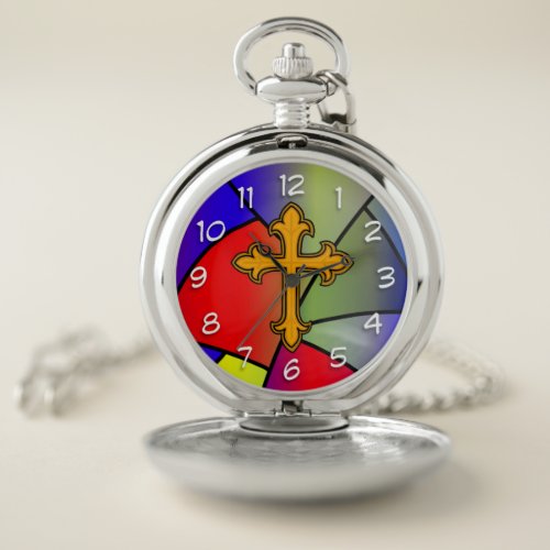 Stained Glass and Cross Religious  Pocket Watch