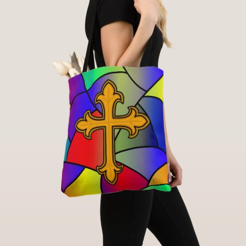 Stained Glass and Cross Religious Tote Bag