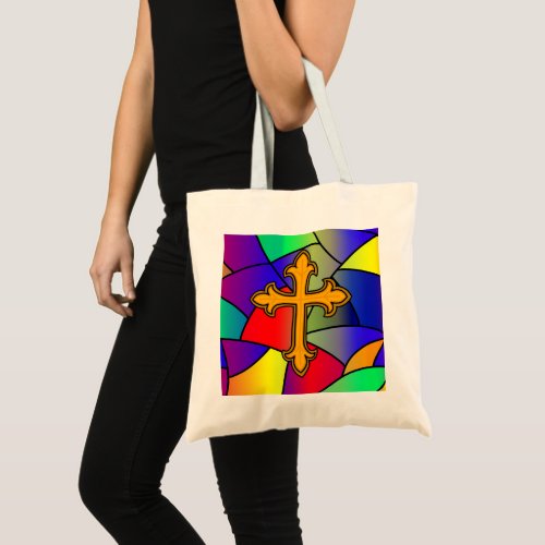 Stained Glass and Cross Religious Tote Bag
