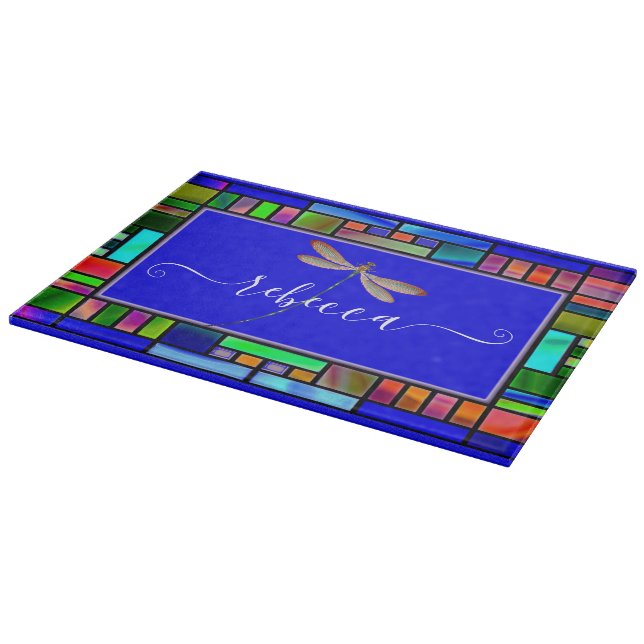 Stained glass and dragonfly personalized  cutting board (Corner)