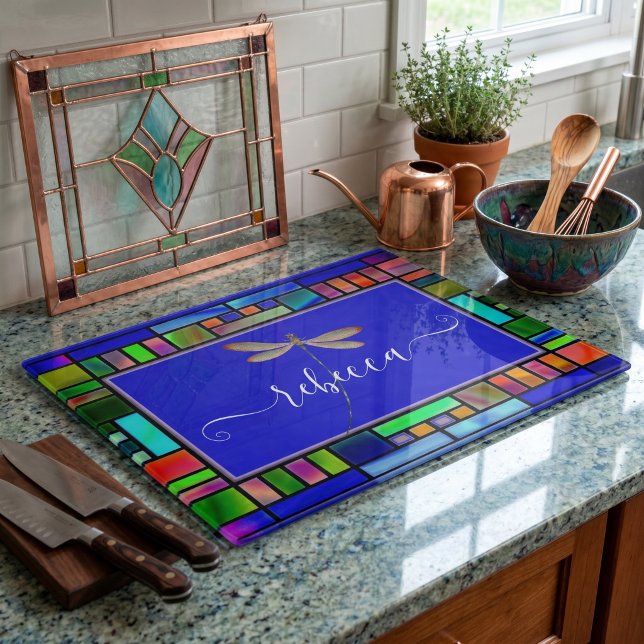 Stained glass and dragonfly personalized  cutting board (Creator Uploaded)