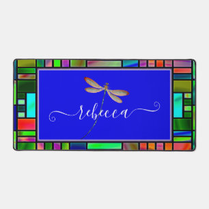 Stained glass and dragonfly personalized desk mat