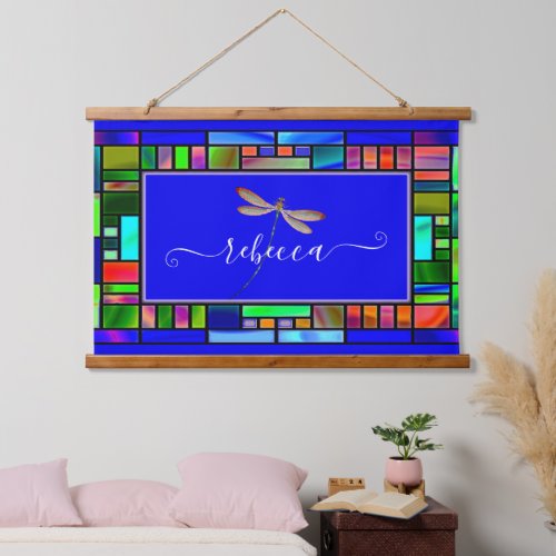 Stained glass and dragonfly personalized   hanging tapestry