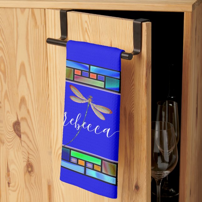 Stained glass and dragonfly personalized  kitchen  towel (Thirds Fold)