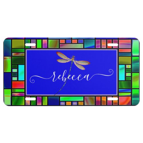 Stained glass and dragonfly personalized  license plate