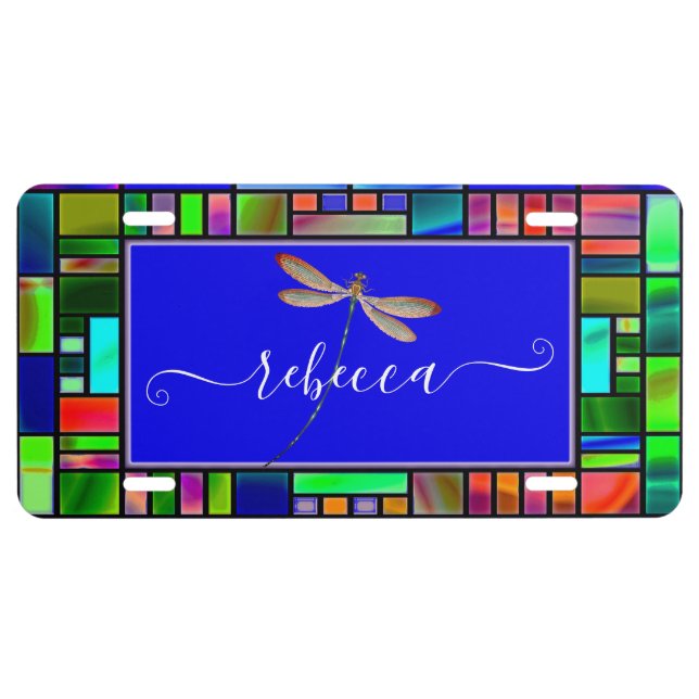 Stained glass and dragonfly personalized  license plate (Front)