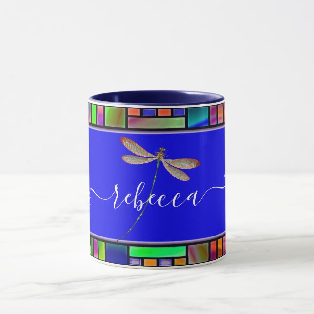Stained glass and dragonfly personalized mug (Center)