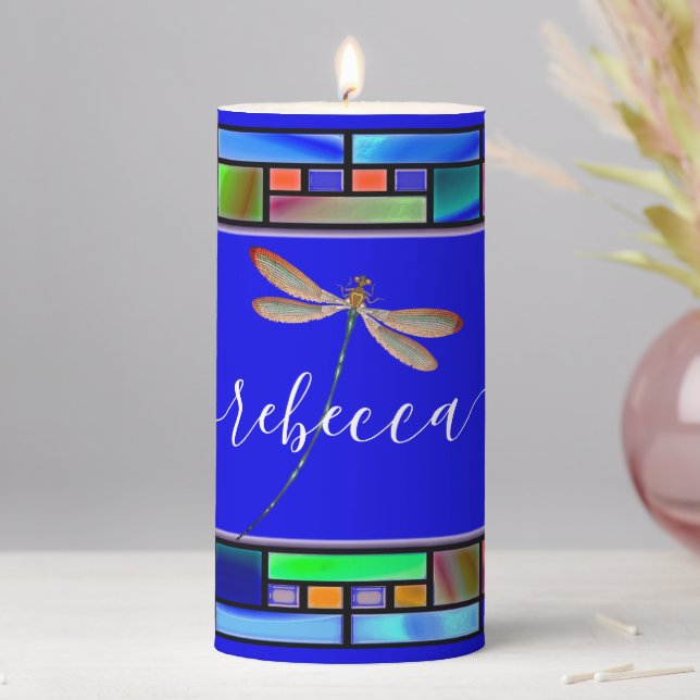 Stained glass and dragonfly personalized  pillar candle (In Situ)