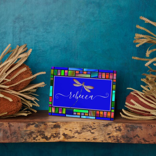 Stained glass and dragonfly personalized  plaque (Side)