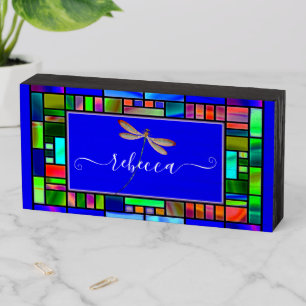 Stained glass and dragonfly personalized wooden box sign