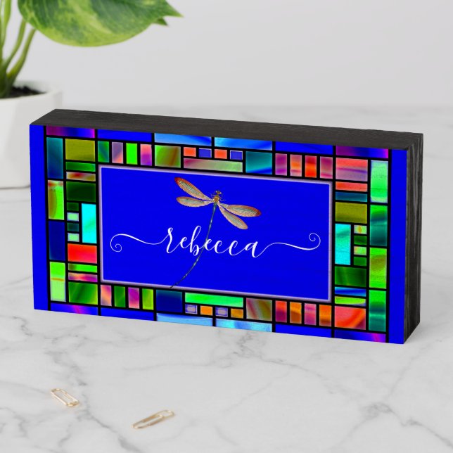 Stained glass and dragonfly personalized  wooden box sign (In Situ Horizontal)
