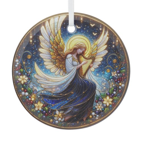 Stained Glass Angel with Harp Ornament