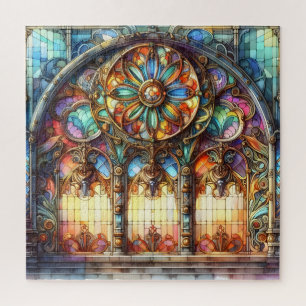 Stained glass Arch Cathedral glass yellow blue Jigsaw Puzzle