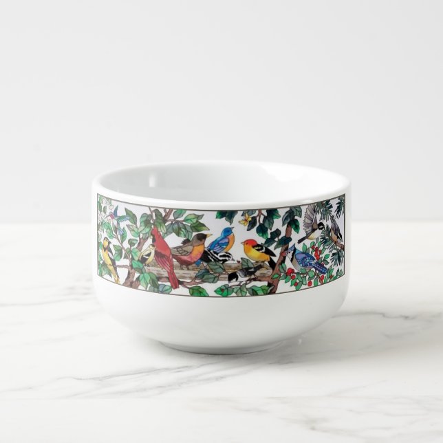 Stained Glass Art Beautiful Blossoms & Birds Soup Mug (Front)