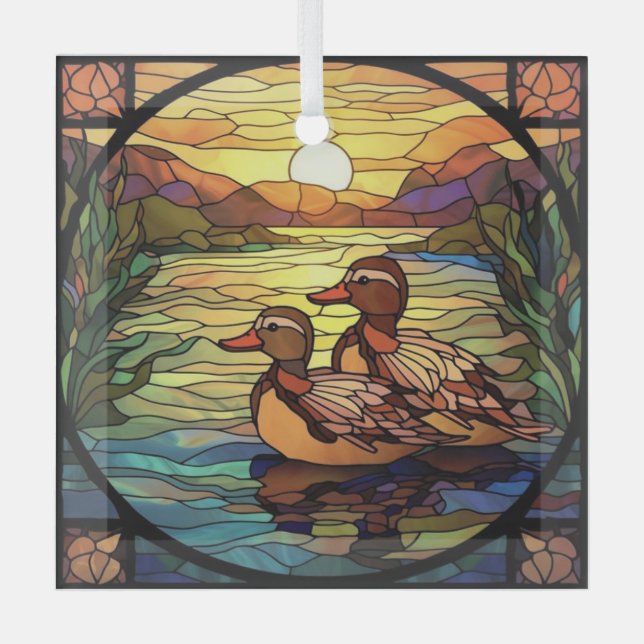Stained Glass Art, Cute Goose Stained Glass Style  Glass Ornament (Front)