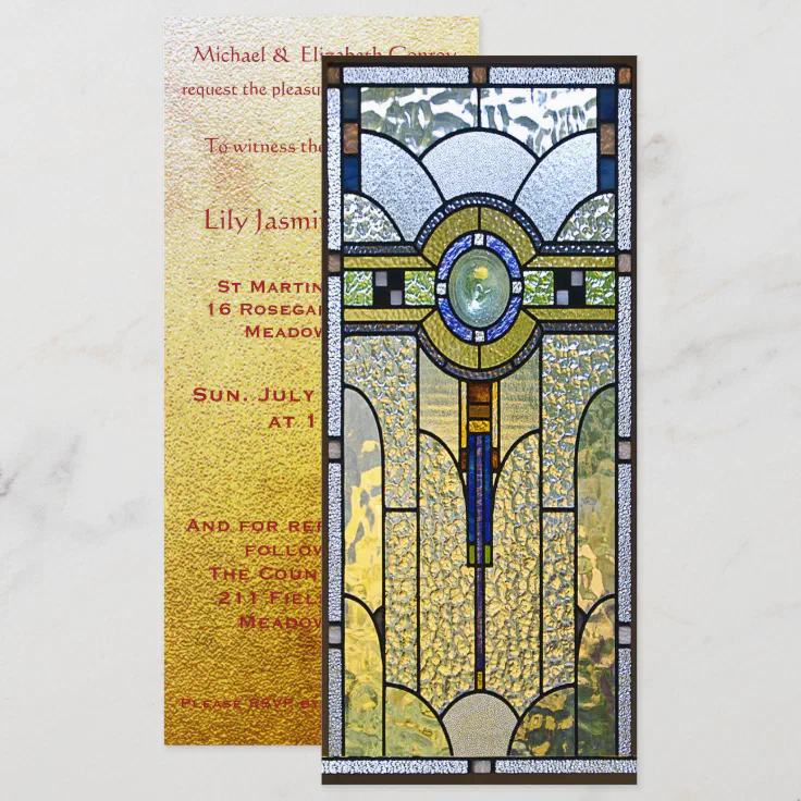 Stained Glass Art Deco Christening Wedding Invite Zazzle Stained Glass Art Deco Christening Wedding Invite Zazzle