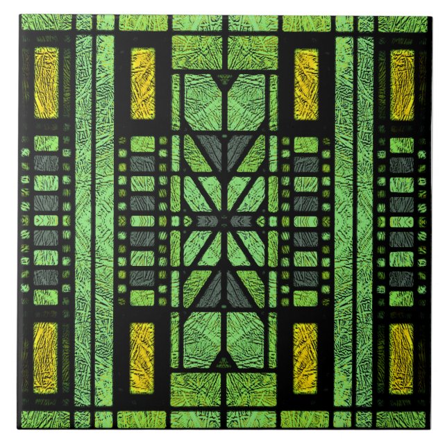 Stained Glass Art Deco in Green and Gold Ceramic Tile (Front)
