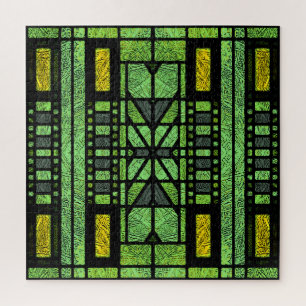 Stained Glass Art Deco in Green and Gold Jigsaw Puzzle