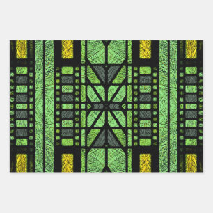 Stained Glass Art Deco in Green and Gold Wrapping Paper Sheets