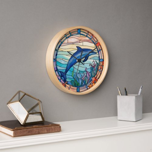 Stained Glass Art Dolphin Painting Clock