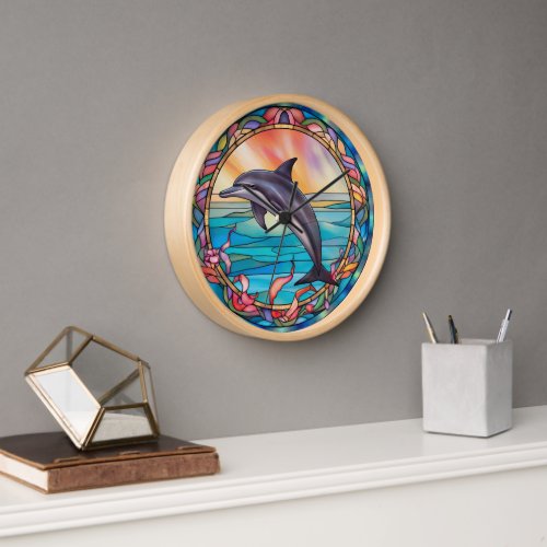 Stained Glass Art Dolphin Sealife Painting Clock