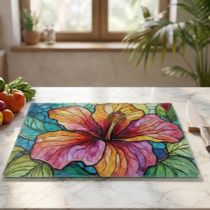 Stained glass art hibiscus cutting board