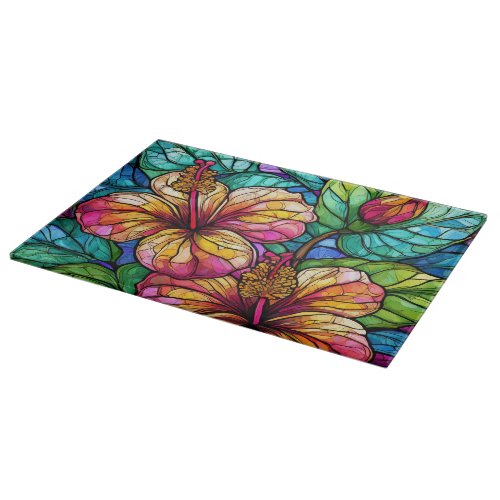 Stained glass art hibiscus cutting board