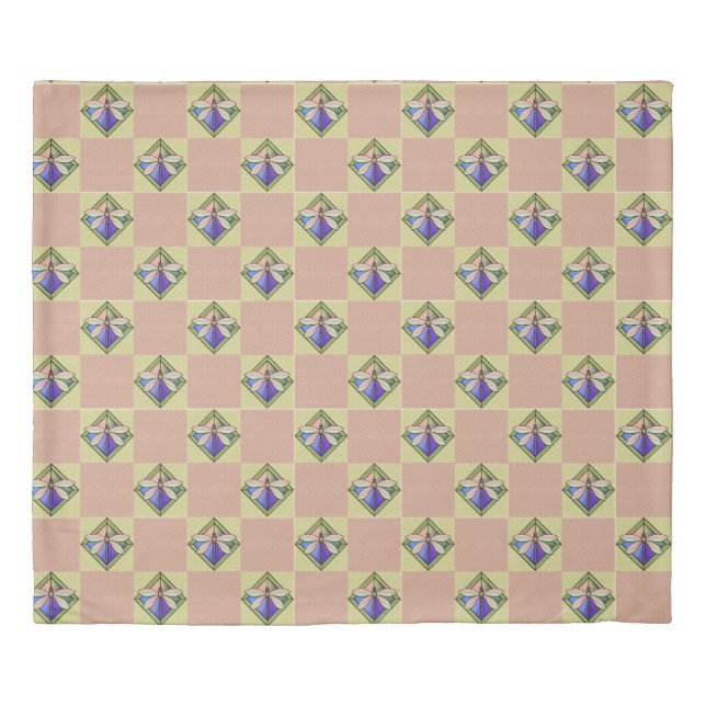 Stained Glass Art Nouveau Dragonfly on Pink Yellow Duvet Cover (Front)