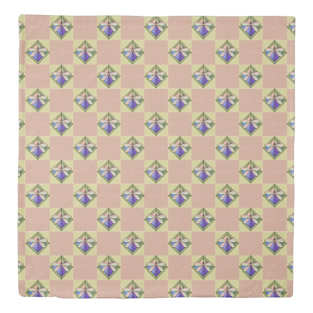 Stained Glass Art Nouveau Dragonfly on Pink Yellow Duvet Cover (Front)
