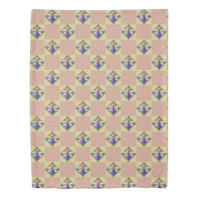 Stained Glass Art Nouveau Dragonfly on Pink Yellow Duvet Cover (Front)