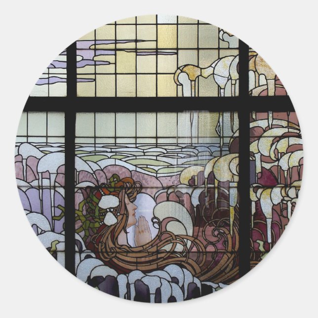 Stained Glass Art Nouveau Sea Scene Classic Round Sticker (Front)