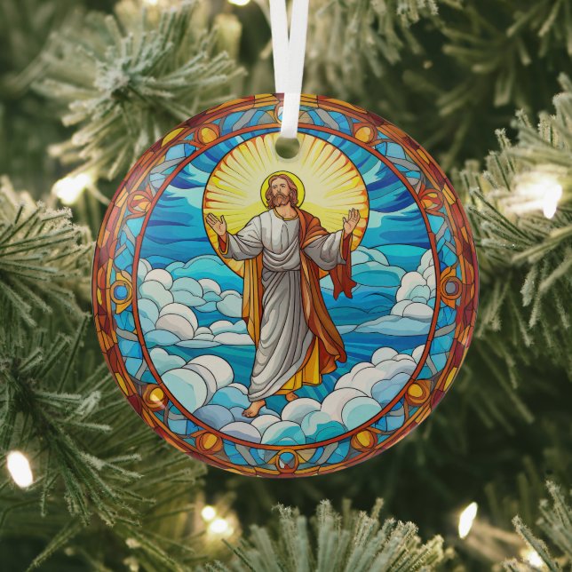 Stained Glass Art of Jesus Walking on Clouds Glass Ornament (Insitu)