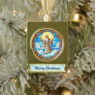 Stained Glass Art of Jesus Walking on Clouds Gold Plated Banner Ornament