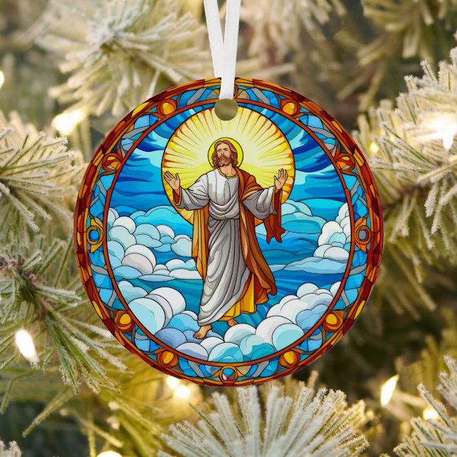 Stained Glass Art of Jesus Walking on Clouds Metal Ornament (Insitu)