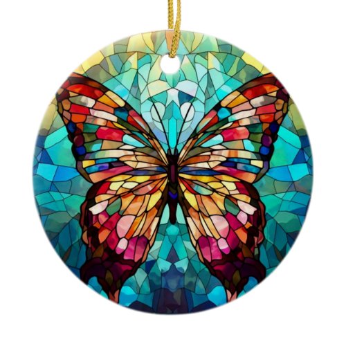 Stained Glass Art, Rainbow Butterfly Stained Glass Ceramic Ornament