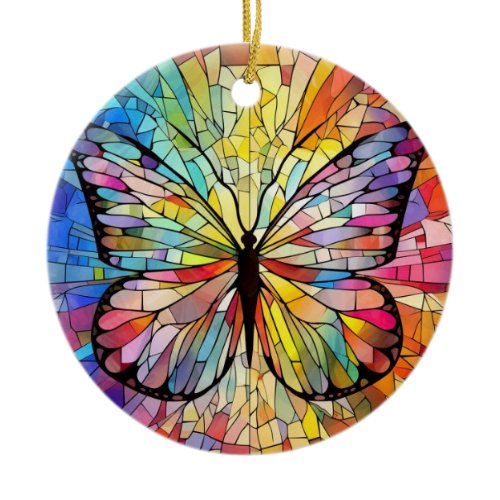 Stained Glass Art, Rainbow Butterfly Stained Glass Ceramic Ornament