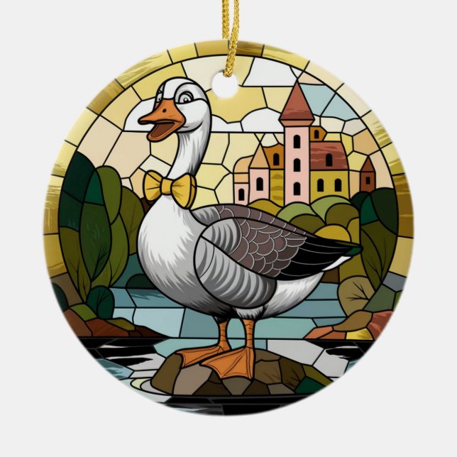 Stained Glass Art, Silly Goose Stained Glass Ceram Ceramic Ornament (Front)