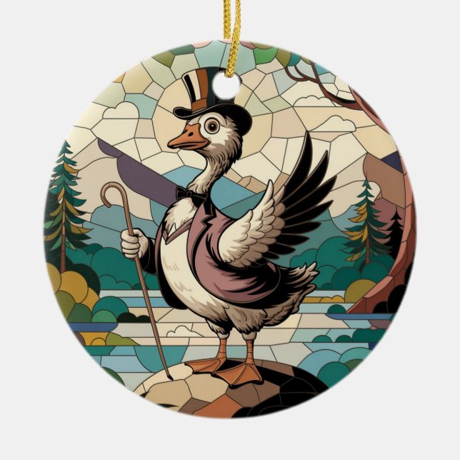 Stained Glass Art, Silly Goose Stained Glass Ceramic Ornament (Front)