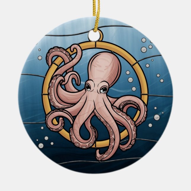 Stained Glass Art, Stained Glass Octopus Ceramic Ornament (Front)
