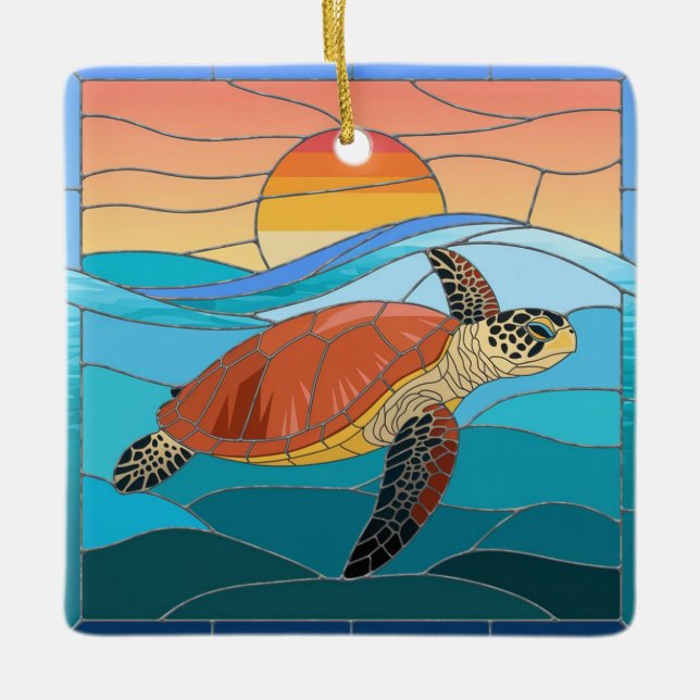 Stained Glass Art, Stained Glass Sea Turtle Ceramic Ornament (Front)