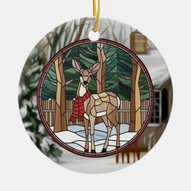 Stained Glass Art, Stained Glass Style Deer Art Ceramic Ornament (Front)