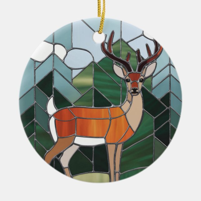 Stained Glass Art, Stained Glass Style Deer Art Ceramic Ornament (Front)