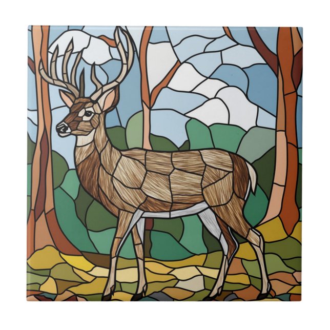 Stained Glass Art, Stained Glass Style Deer Art Ceramic Tile (Front)