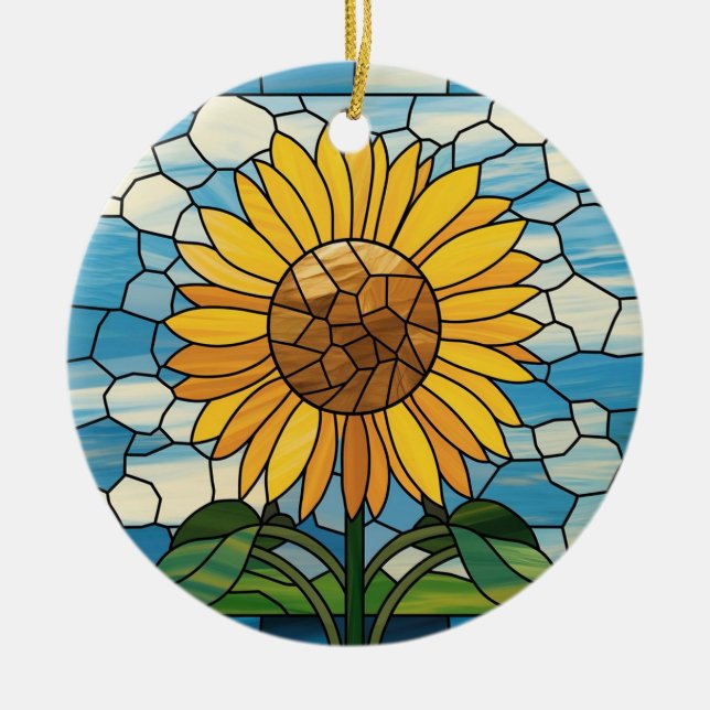 Stained Glass Art, SunFlower Stained Glass Ceramic Ornament (Front)